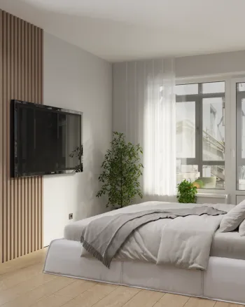 Интерьер спальни с телевизором на рейках и телевизором на стене  смотреть на Basicdecor