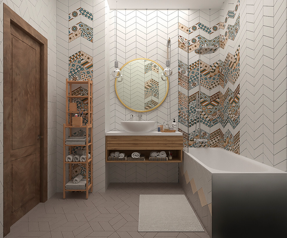 Интерьер ванной с душевой из плитки в стиле лофт, скандинавском стиле и в стиле кантри