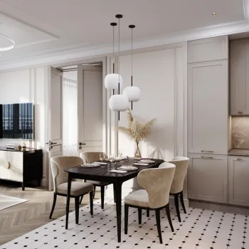 Интерьер кухни cветильниками над столом  смотреть на Basicdecor