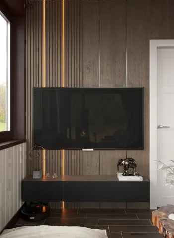Интерьер с телевизором на рейках и телевизором на стене  смотреть на Basicdecor