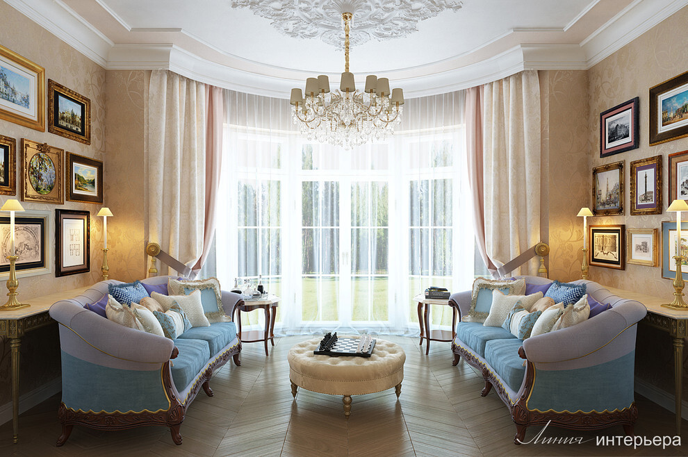 Интерьер гостиной с окном и с эркером в классическом стиле, французском и рококо