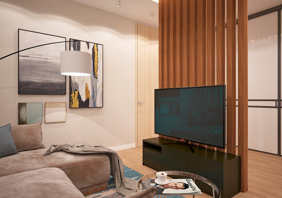 Интерьер гостиной с зонированием рейками, стеной с телевизором, телевизором на рейках, керамогранитом на стену с телевизором, вертикальными жалюзи и подсветкой настенной в современном стиле