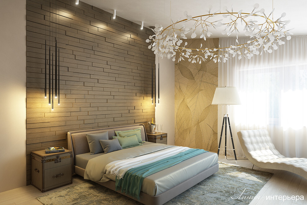 Интерьер спальни cветовыми линиями, бра над кроватью, подсветкой настенной, подсветкой светодиодной и светильниками над кроватью в современном стиле