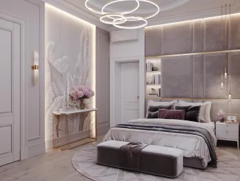 Интерьер спальни с аркой и светильниками над кроватью  смотреть на Basicdecor