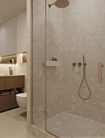 Интерьер ванной с душевой из плитки  смотреть на Basicdecor