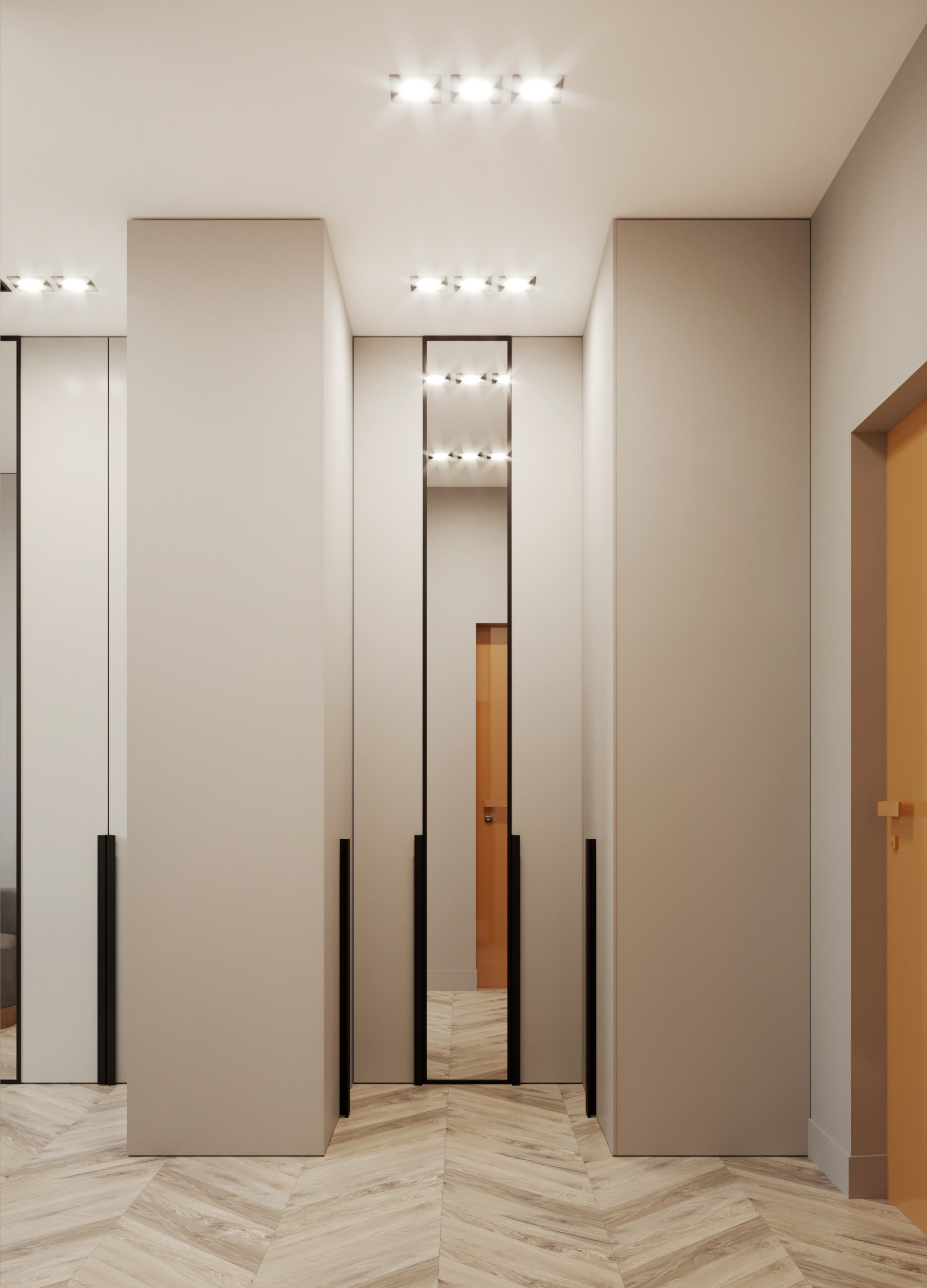 Интерьер коридора cветовыми линиями, рейками с подсветкой, подсветкой настенной, подсветкой светодиодной и с подсветкой в современном стиле