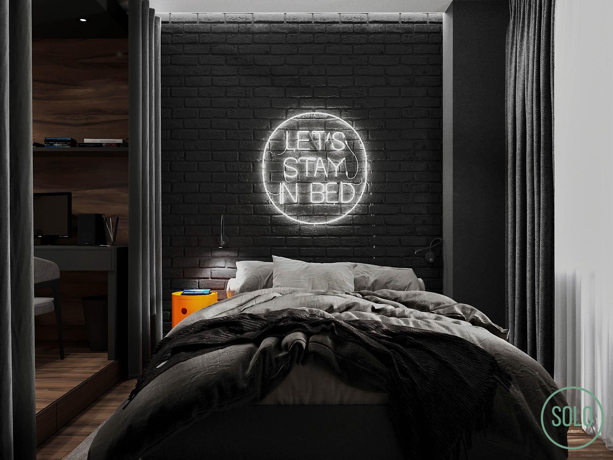 Интерьер спальни с подсветкой настенной и светильниками над кроватью в современном стиле и в стиле лофт