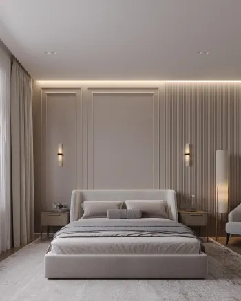 Интерьер спальни с нишей с подсветкой, светильниками над кроватью и с подсветкой  смотреть на Basicdecor