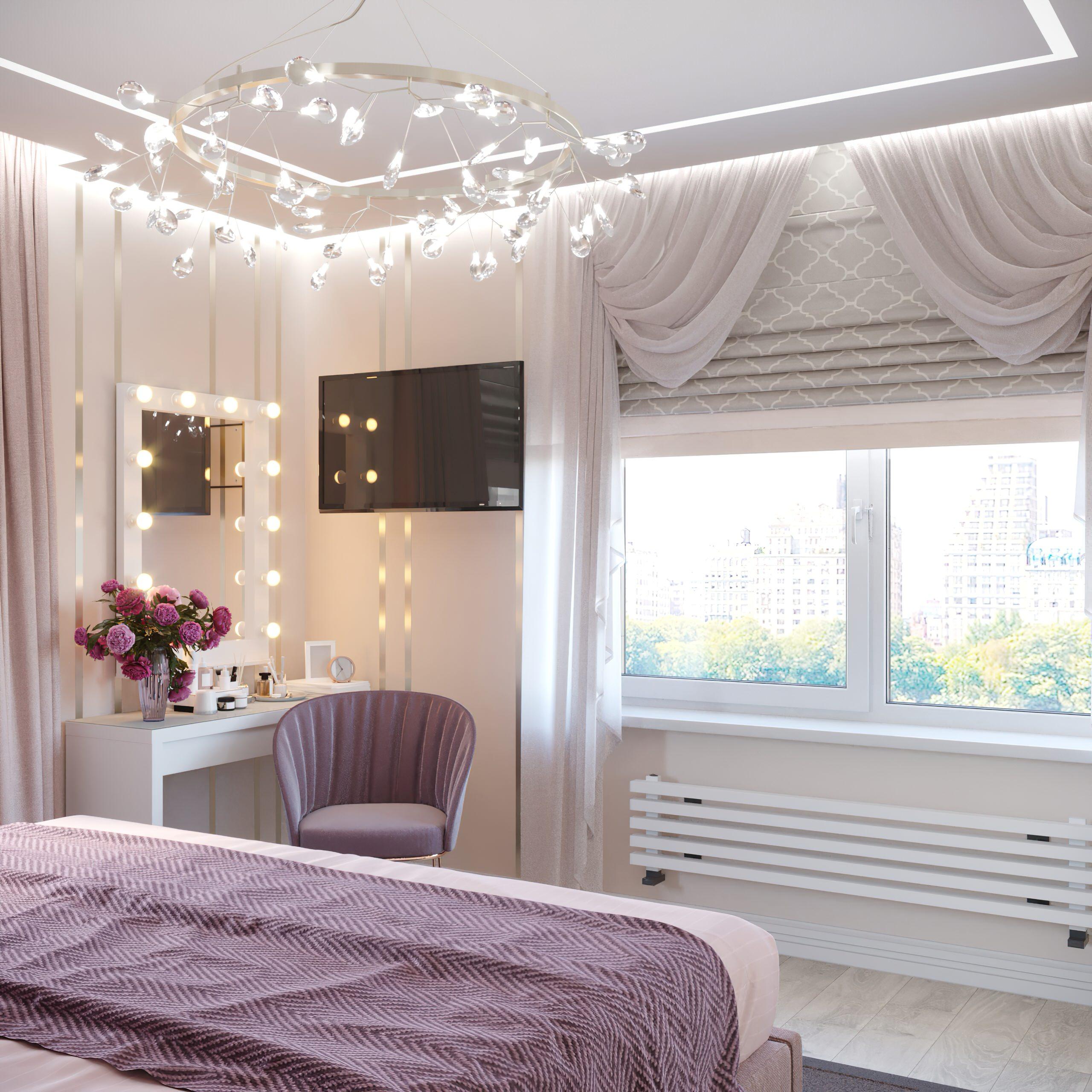 Интерьер спальни cветовыми линиями, подсветкой настенной, подсветкой светодиодной и светильниками над кроватью в неоклассике