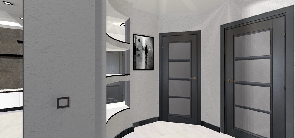 Интерьер с без дверей, проходной, две двери, проемом и зеркалом на двери в стиле лофт