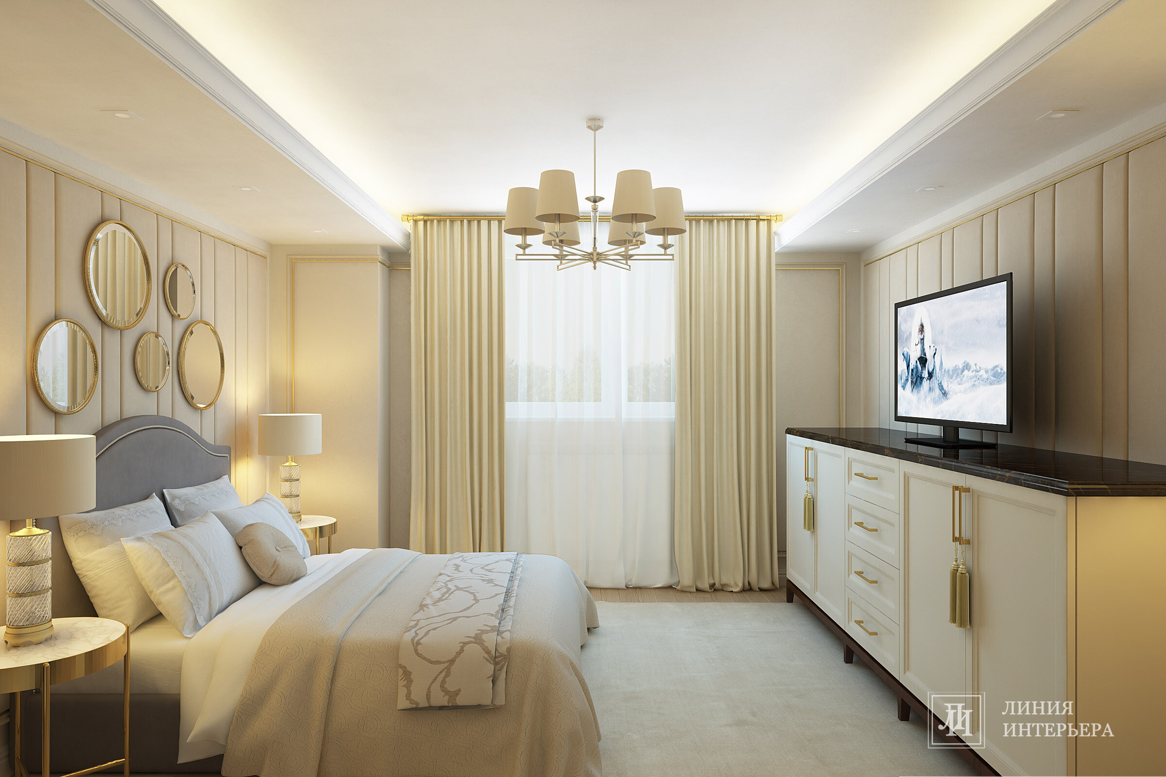 Интерьер спальни cветовыми линиями, подсветкой настенной, подсветкой светодиодной и светильниками над кроватью в неоклассике