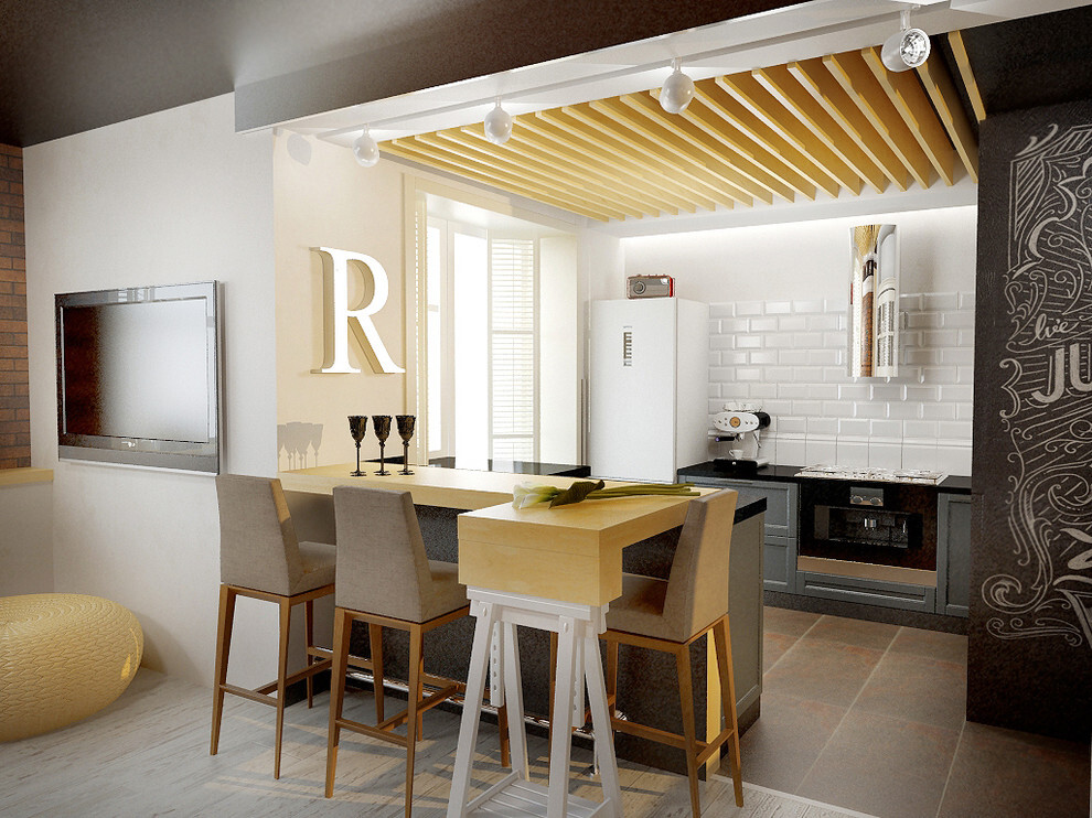Интерьер кухни с рейками с подсветкой в стиле лофт
