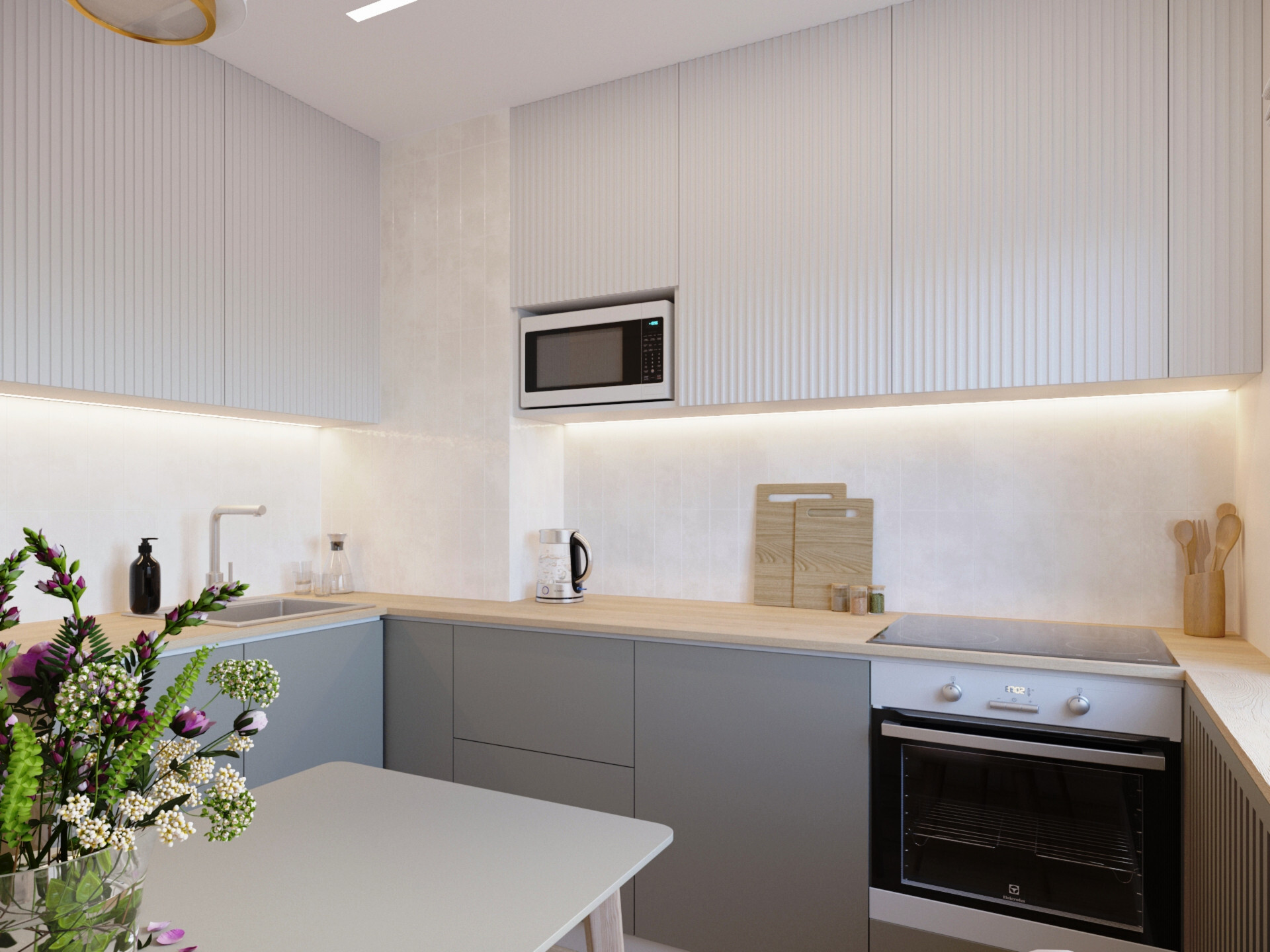 Интерьер кухни с рейками с подсветкой, подсветкой настенной и подсветкой светодиодной в неоклассике