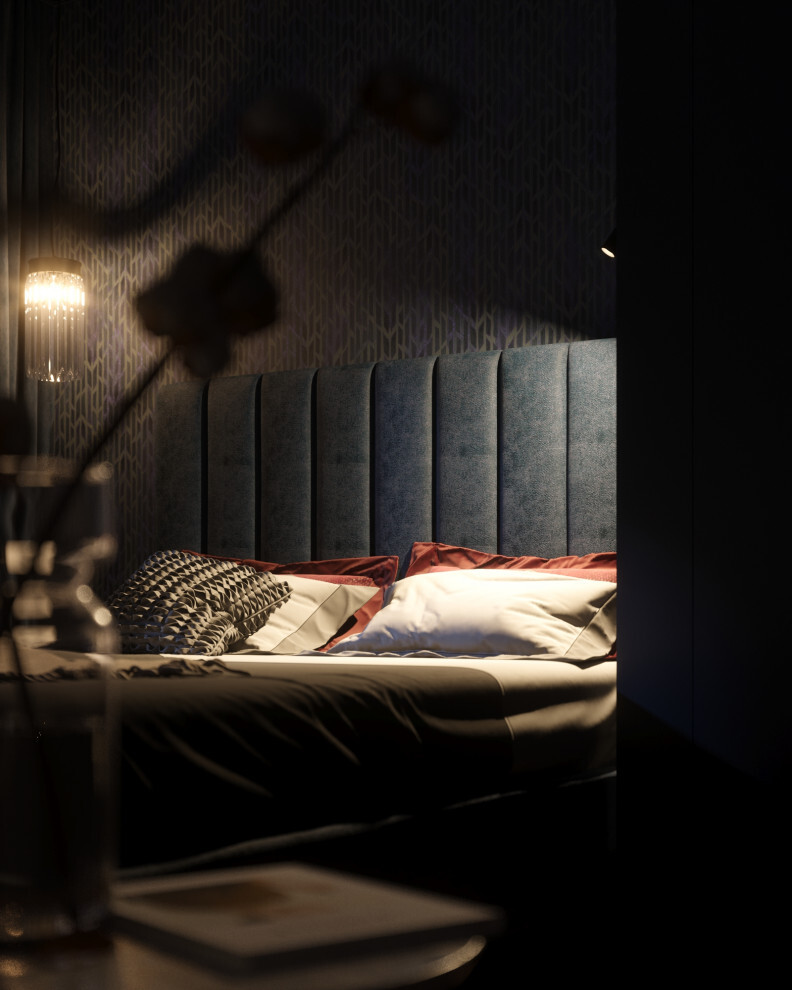 Интерьер с бра над кроватью и светильниками над кроватью в стиле фьюжн
