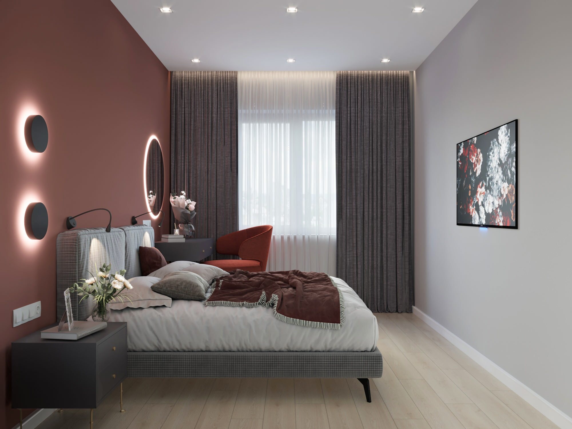 Интерьер спальни с рейками с подсветкой, подсветкой настенной и светильниками над кроватью в современном стиле