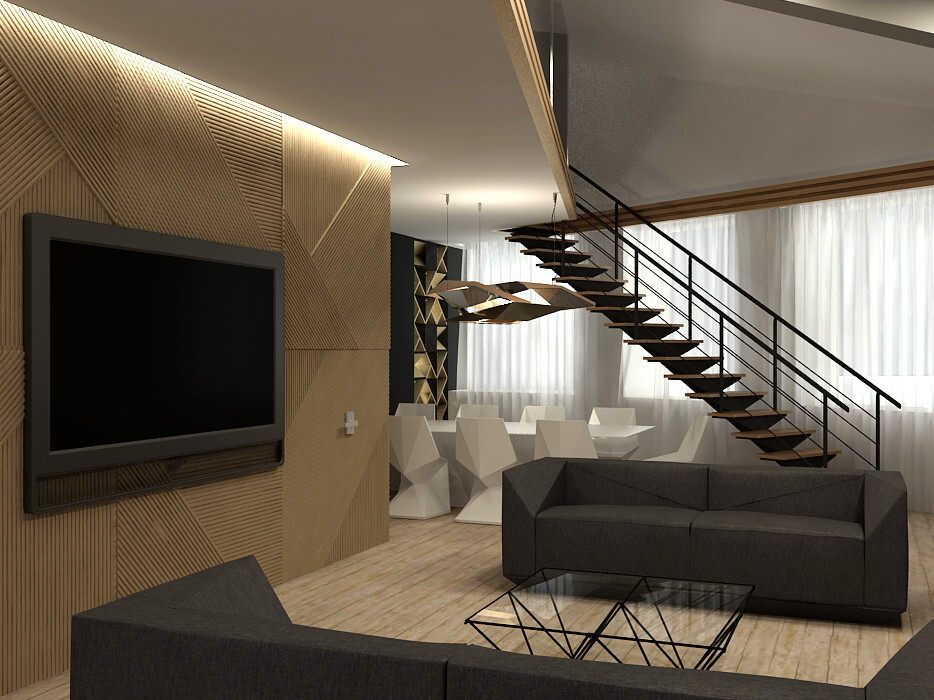 Интерьер с двухуровневыми, диваном под лестницей, подсветкой настенной, подсветкой светодиодной и с подсветкой