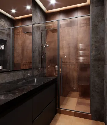 Интерьер ванной с душевой из плитки и зеркалом на двери  смотреть на Basicdecor