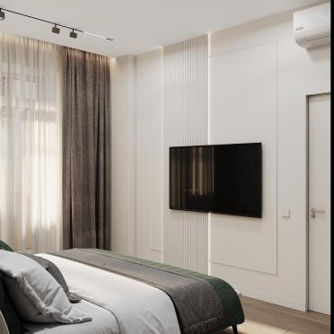 Интерьер спальни с телевизором на рейках и телевизором на стене  смотреть на Basicdecor
