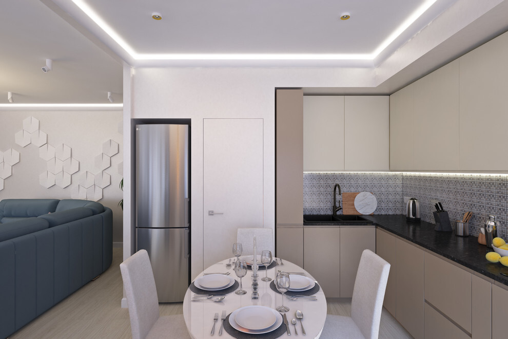Интерьер кухни с рейками с подсветкой, подсветкой настенной, подсветкой светодиодной и с подсветкой в современном стиле