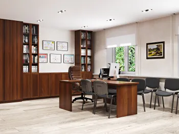 Интерьер кабинета c рабочим местом и библиотекой в современном стиле смотреть на Basicdecor