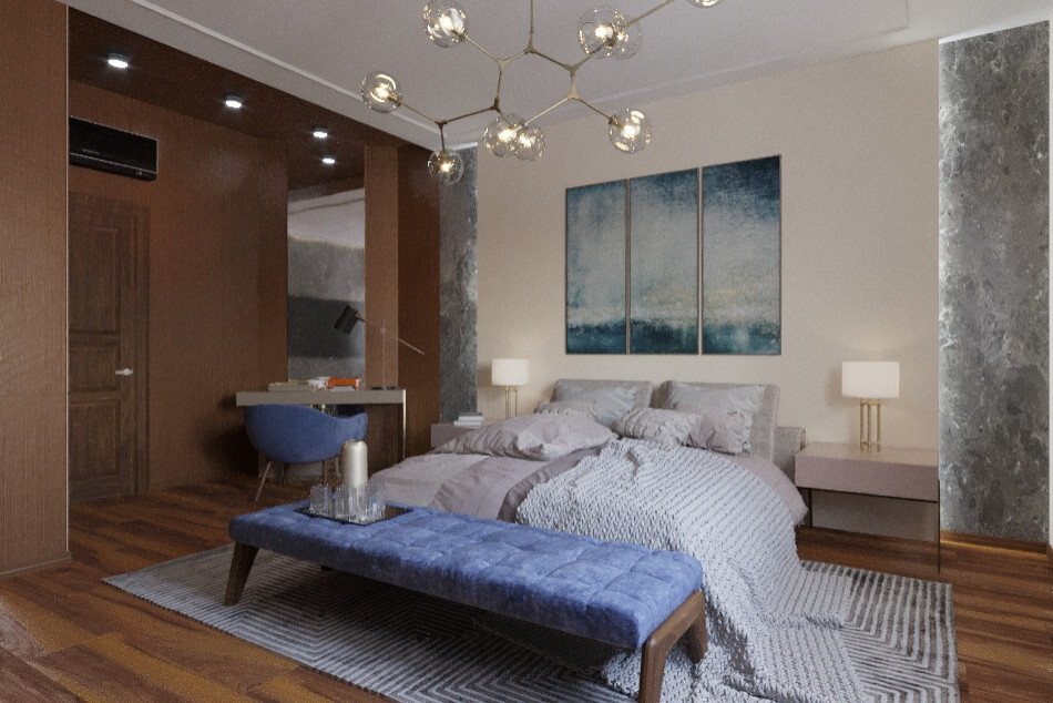Интерьер спальни cветовыми линиями, подсветкой настенной и подсветкой светодиодной в современном стиле