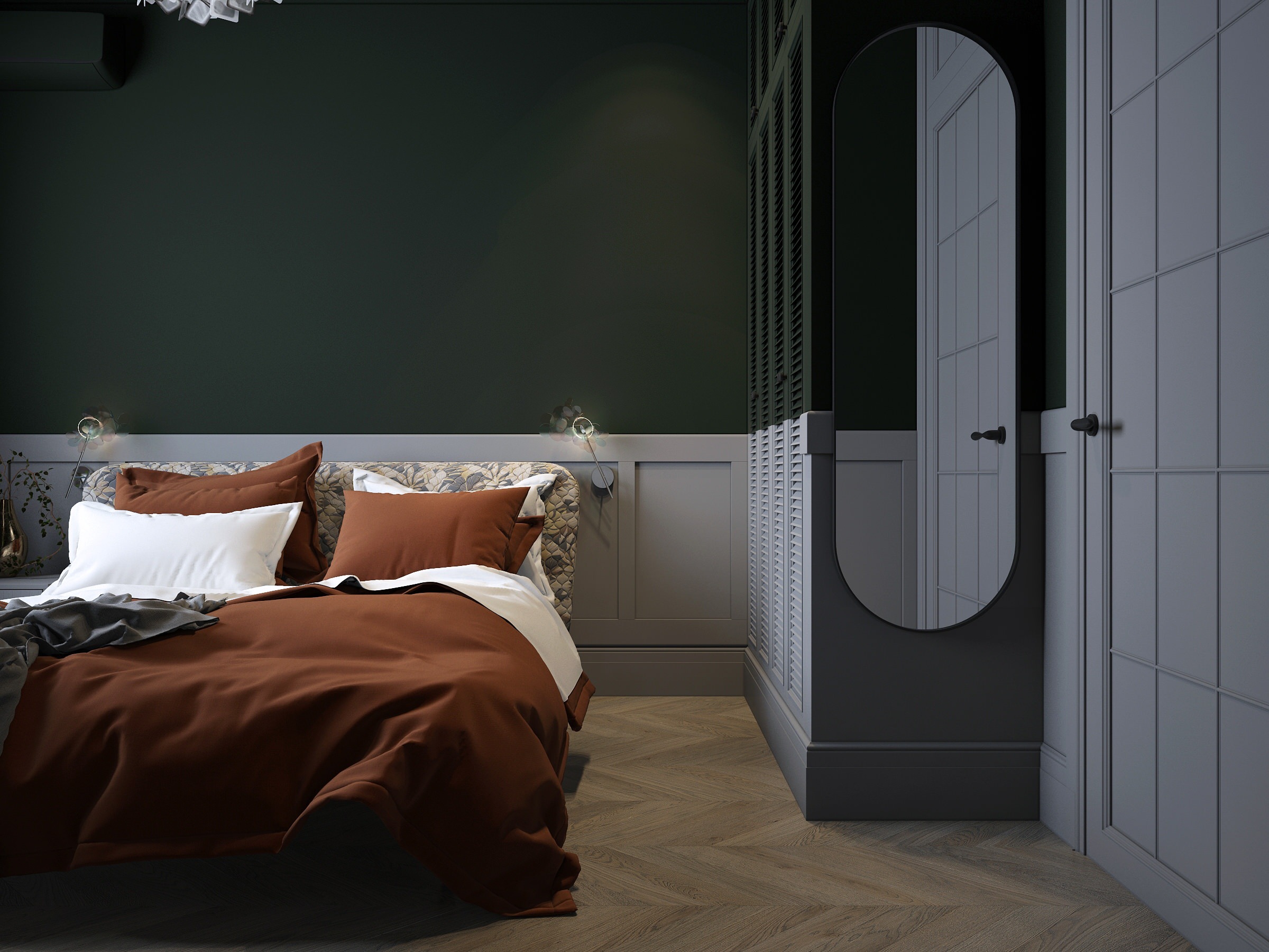 Интерьер спальни с зеркалом на двери и дверными жалюзи в классическом стиле