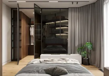 Интерьер спальни с гардеробной, гардеробной зой кроватью, шкафом над кроватью, шкафом напротив кровати и шкафом у кровати  смотреть на Basicdecor