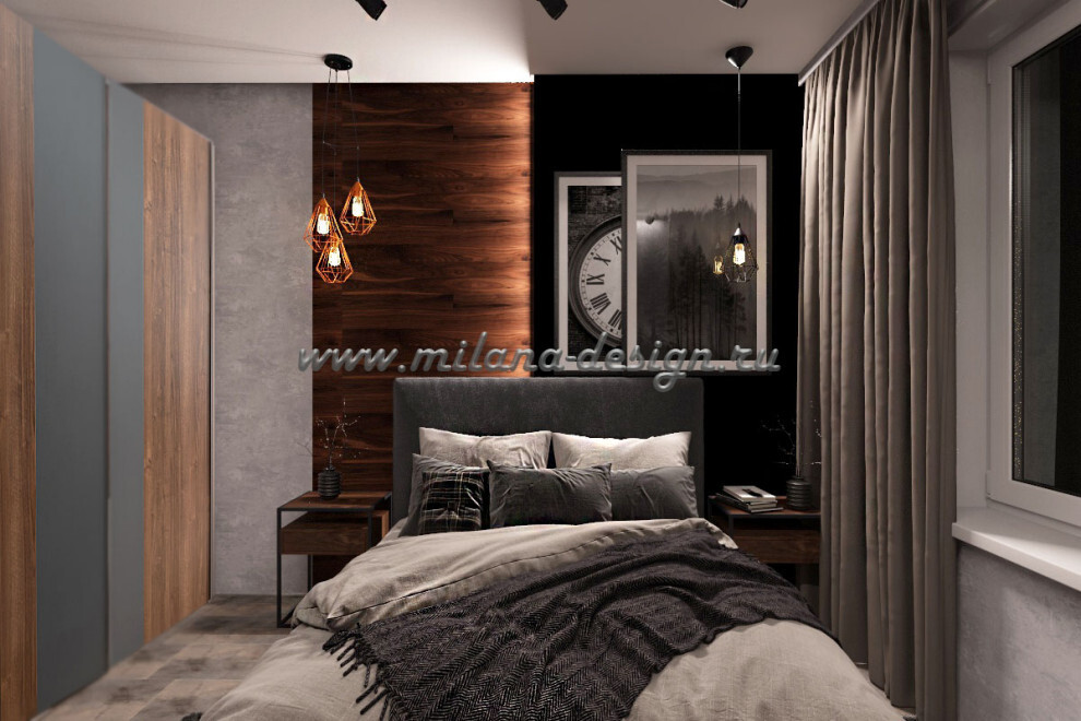 Интерьер спальни cветильниками над кроватью в стиле лофт
