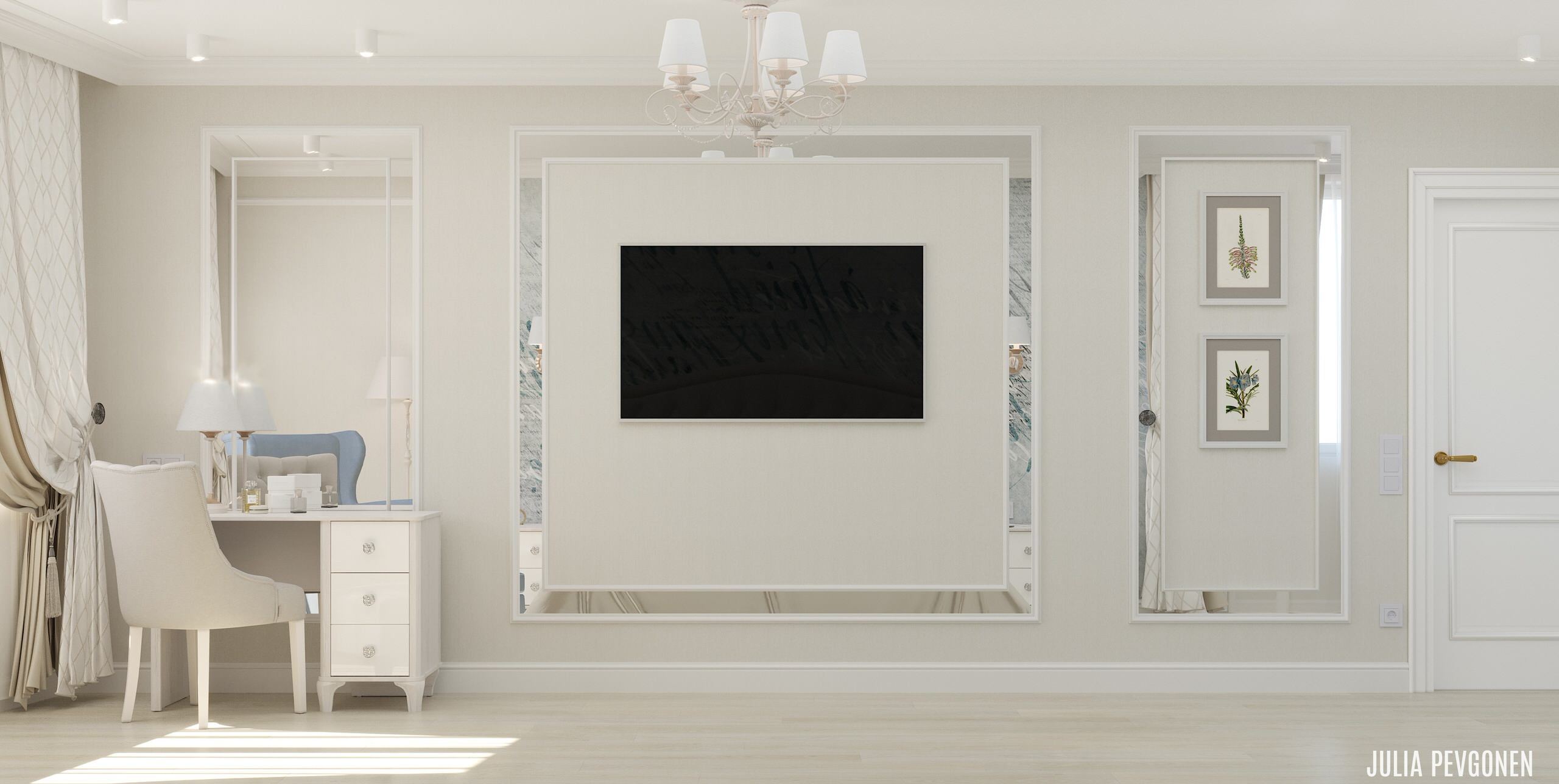 Интерьер гостиной с керамогранитом на стену с телевизором в неоклассике