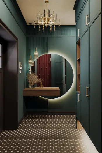 Интерьер прихожей с проходной, зеркалом на двери и с подсветкой  смотреть на Basicdecor