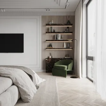 Интерьер спальни с телевизором на стене  смотреть на Basicdecor
