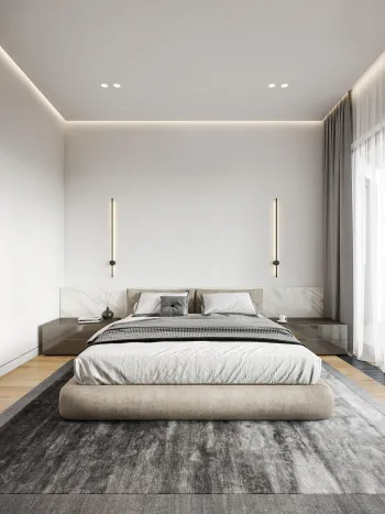 Интерьер спальни cветильниками над кроватью и с подсветкой  смотреть на Basicdecor