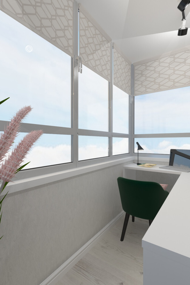 Интерьер c рабочим местом и панорамными окнами в современном стиле