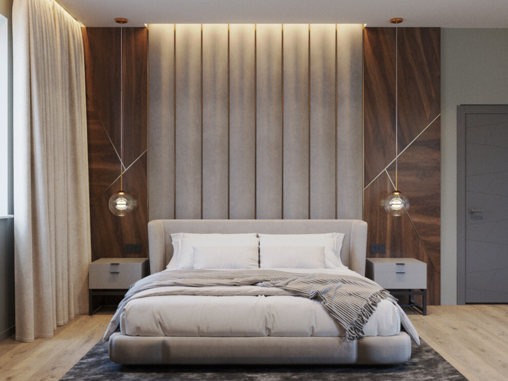 Интерьер спальни с бра над кроватью, подсветкой настенной, подсветкой светодиодной, светильниками над кроватью и с подсветкой