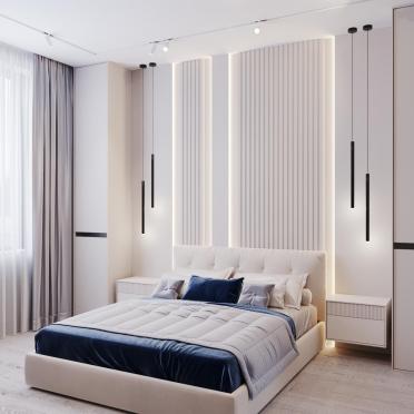 Интерьер спальни cветильниками над кроватью и с подсветкой  смотреть на Basicdecor