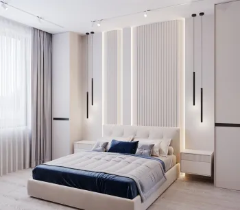Интерьер спальни cветильниками над кроватью и с подсветкой  смотреть на Basicdecor