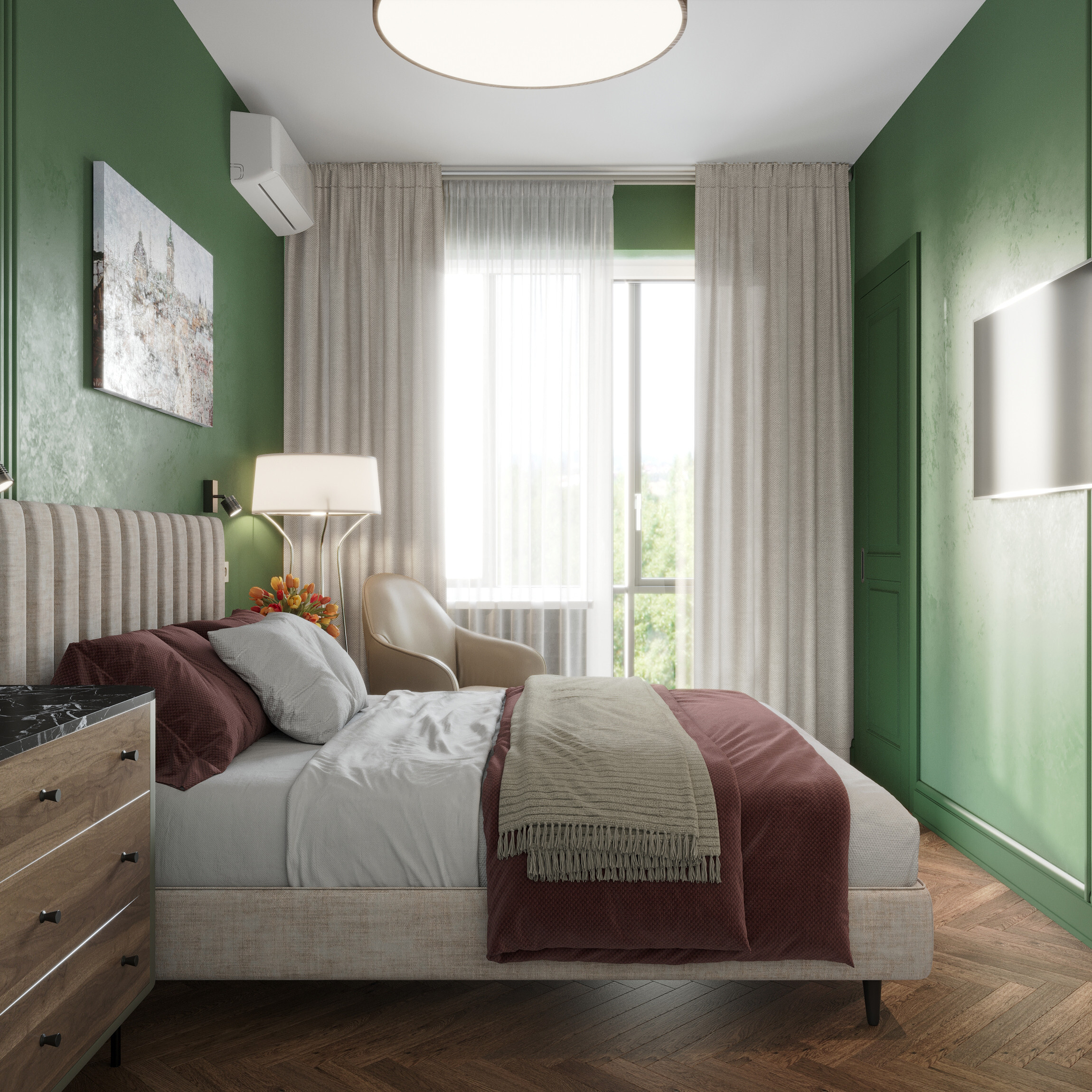 Интерьер спальни cветовыми линиями, подсветкой настенной, подсветкой светодиодной и светильниками над кроватью в ретро