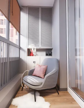 Интерьер балкона с окном, балконом и дверными жалюзи  смотреть на Basicdecor