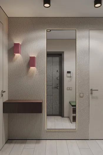 Интерьер прихожей с проходной и зеркалом на двери  смотреть на Basicdecor