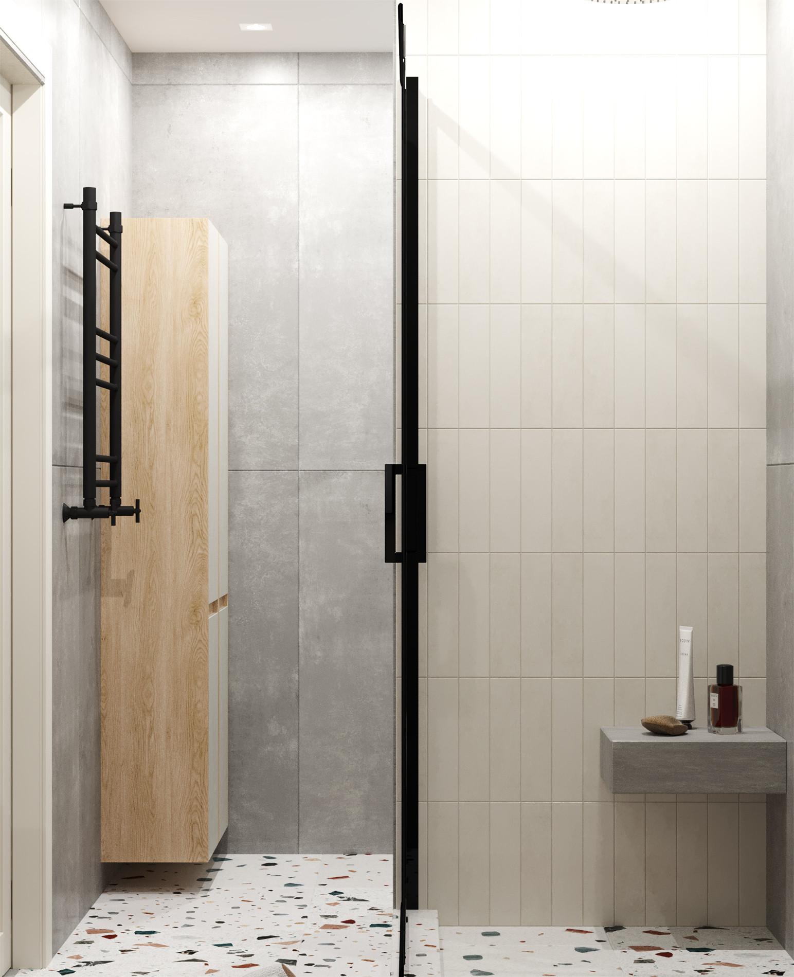 Интерьер ванной c рабочим местом и душевой из плитки в современном стиле и в стиле лофт