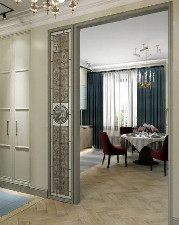 Интерьер столовой с зеркалом на двери  смотреть на Basicdecor