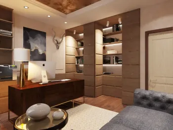 Интерьер кабинета c рабочим местом, нишей с подсветкой, проходной и с подсветкой  смотреть на Basicdecor