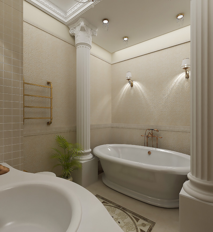Интерьер ванной в классическом стиле, в стиле кантри, барокко, ампире и рококо