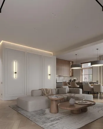 Интерьер гостиной с нишей с подсветкой, световыми линиями, подсветкой светодиодной и с подсветкой  смотреть на Basicdecor