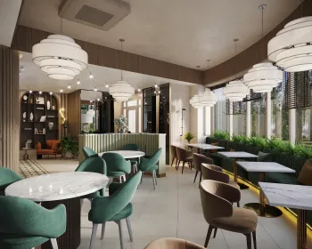 Интерьер кафе и ресторана с барной стойкой и светильниками над столом  смотреть на Basicdecor