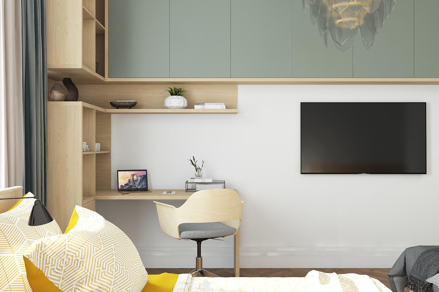 Интерьер c рабочим местом, стеной с телевизором, телевизором на стене и керамогранитом на стену с телевизором