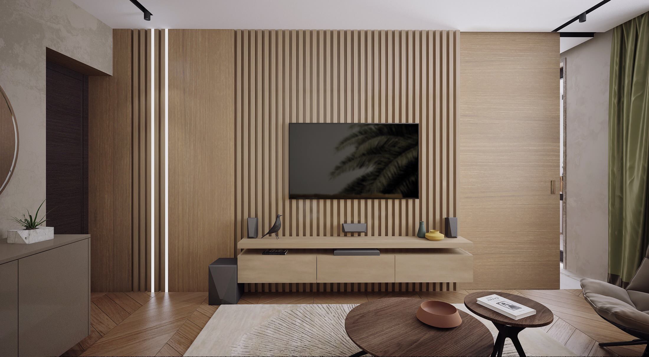 Интерьер гостиной cтеной с телевизором, телевизором на рейках, вертикальными жалюзи и рейками с подсветкой