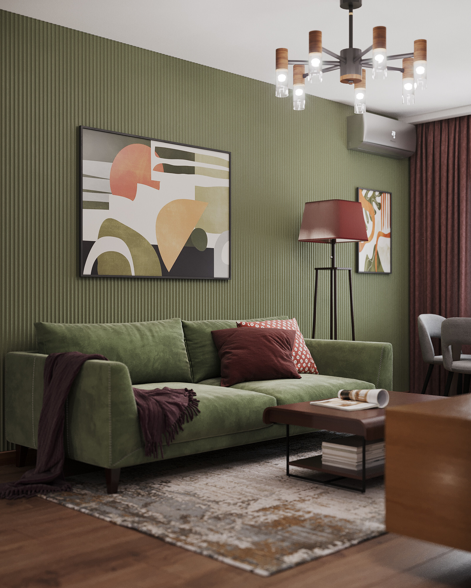 Интерьер гостиной с рейками с подсветкой и подсветкой настенной в стиле фьюжн