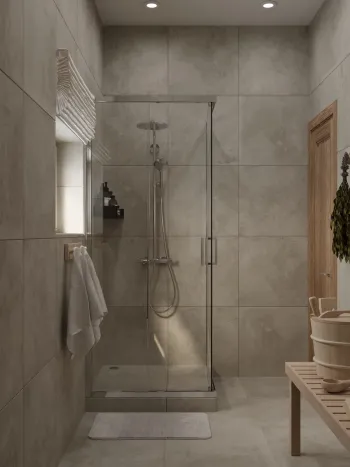 Интерьер ванной с душевой из плитки в современном стиле смотреть на Basicdecor