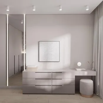 Интерьер спальни с нишей с подсветкой, световыми линиями, светильниками над кроватью и с подсветкой  смотреть на Basicdecor